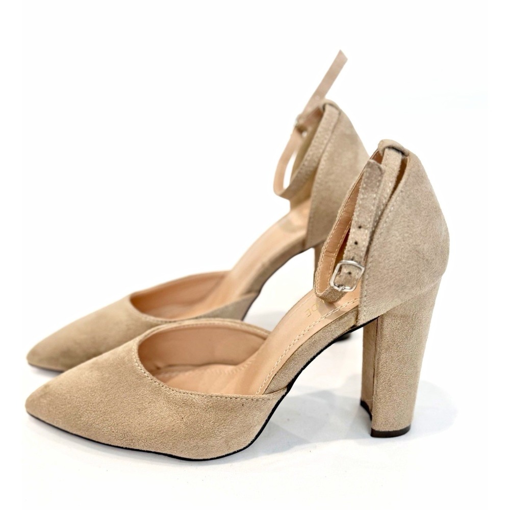 Chase + Chloe Women's Beige Faux Suede heels Pointed Toe Ankle Strap Pumps 8.5